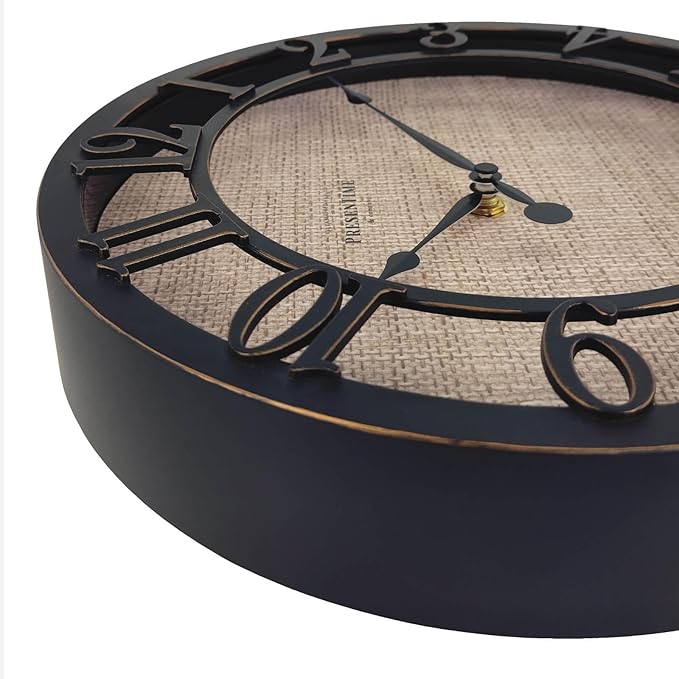 Presentime & Co 10" Farmhouse Series Wall Clock, Cottage Style, Faux Burlap Design, Silent no Ticking, Oil Rubbed Bronze Finish