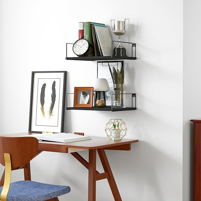 SRIWATANA Wide Floating Shelves, Rustic Wood Wall Shelves Set of 2, Wall Mounted Shelves with Large Capacity for Many Rooms Decor, Black