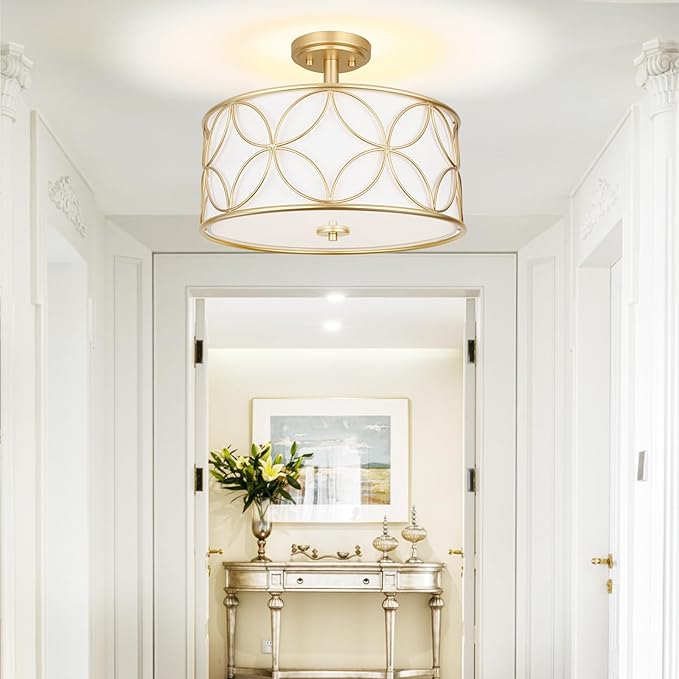 3-Light Semi Flush Mount Ceiling Light, 16" Drum Light with Fabric Shade, Modern Close to Ceiling Lamp for Living Room Bedroom Dining Room Kitchen Hallway Entry Foyer (Gold)