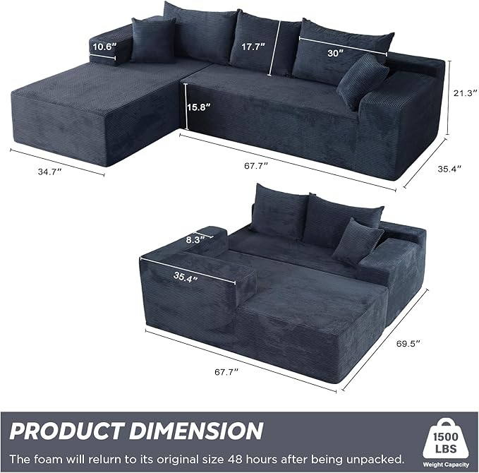 Blue Sectional Couches for Living Room, Boneless Couch with L-Shape Chaise, Modular Sofa in Box with Deep Seat, No Assembly Required