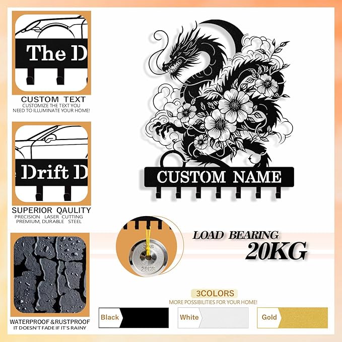 Personalized Key Holder Wall Mount, Custom Metal Dragon Keys Holder for Wall with Name, Wall Key Hanger Rack with Hooks for Entryway, Front Door, Living Room, Kitchen, Bathroom, Garden