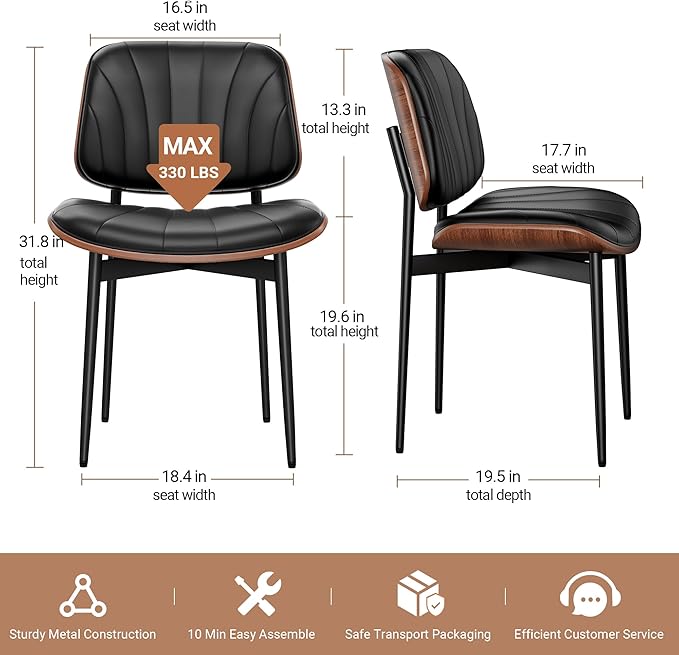 Dining Chairs Set of 4, Mid-Century Modern Upholstered PU Leather Chairs with Walnut Bentwood Back and Metal Legs Adjustable Feet for Kitchen Dining Room, Black Shell Strips