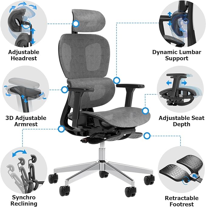 PatioMage Ergonomic Office Chair, Big and Tall Desk Chair with Adjustable Lumbar Support & Seat Depth, High Back Computer Chair, Swivel Mesh Chairs with Wheels for Home Office, Darkgrey