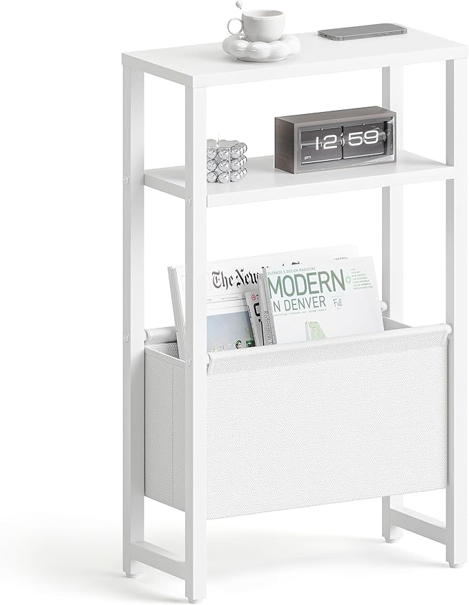 Narrow Side Table, Slim End Table with Magazine Rack, Bedside Table for Small Spaces, 3 Tier Sofa Couch Table Nightstand for Living Room, Bedroom, White LET503W