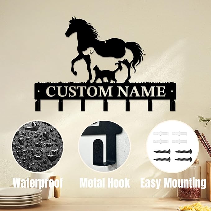 Personalized Custom Name Farm Horse Wall Key Hooks,Metal Horse Art Clothes Hooks,Metal Horse Wall Home Storage Decorative,For Front Door, Hallway, Kitchen, Bedroom,Keys,Hats (Style A)