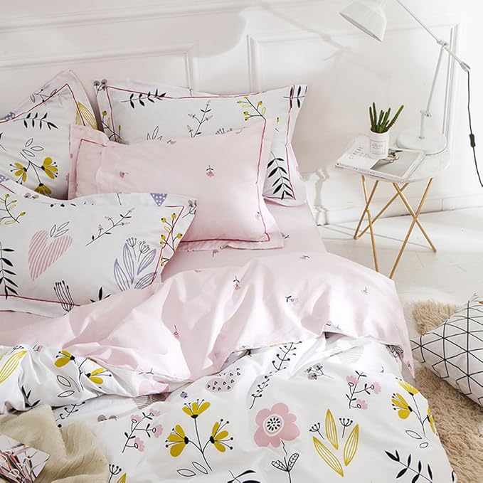 LifeTB Girls Flower Duvet Cover Twin XL Boho White Pink Floral Bedding Sets Aesthetic 100% Cotton Comforter Cover Cute Branches Flower Bedding Sets Pink Floral Twin XL Duvet Cover with 2 Pillowcases