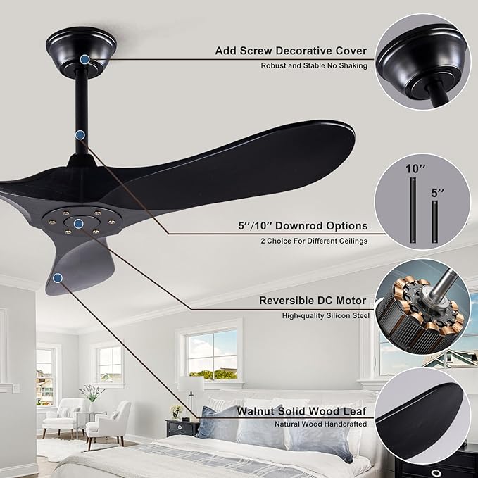 42 Inch Solid Wood Ceiling Fan with Remote,Black Ceiling Fan no Light,6 Speeds,Noiseless,Reversible DC Motor,Modern Ceiling Fans without Lights for Outdoor Indoor Bedroom Farmhouse,Patios