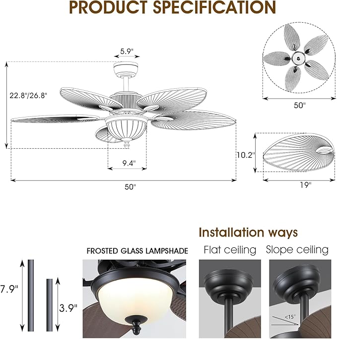 50 Inch Tropical Ceiling Fans with Lights and Remote/APP Control, Outdoor Waterproof Palm Leaf Ceiling Fan for Patios Porches, Wet Rated, Glass Lampshade, 6 Speeds, Quiet, Dark Brown