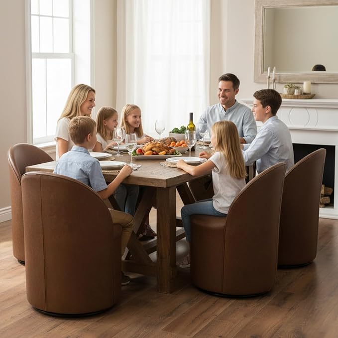 Modern Barrel Dining Chairs Set of 4, Swivel Base Cognac PU Leather Accent Chair 360°Rotating Mid-Century Dining Side Chair Kitchen Chair for Living Room, Bedroom, Home, Office, Kitchen(Brown)