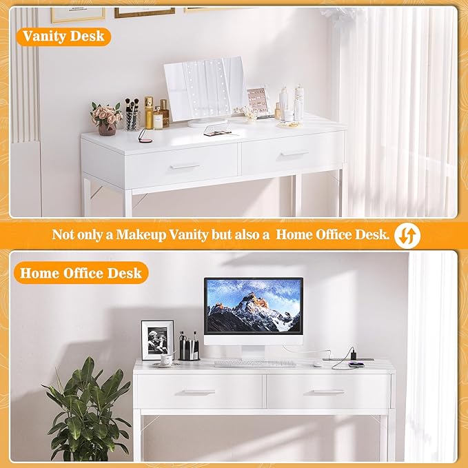 Cyclysio Vanity Desk with Mirror and Lights, 36'' Makeup Vanity Desk with Power Outlet, Small Vanities Set Dressing Table with Drawers for Bedroom, White
