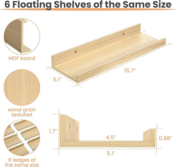 upsimples Floating Shelves for Wall, Wall Shelves for Decor Storage Set of 6, Wall Mounted Wood Shelf for Bedroom, Living Room, Bathroom, Kitchen, Picture Ledge Shelves, Natural