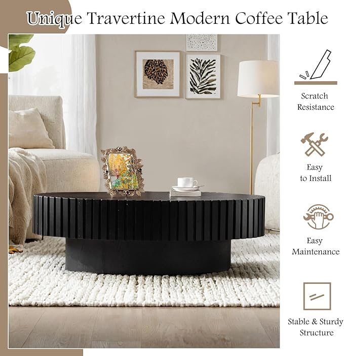 Fluted Coffee Table 43.3" Oval Wood Coffee Tables Modern Handcraft Drum Coffee Table with Solid Wood Relief Sturdy Pedestal Accent Table for Living Room Home Office,Black