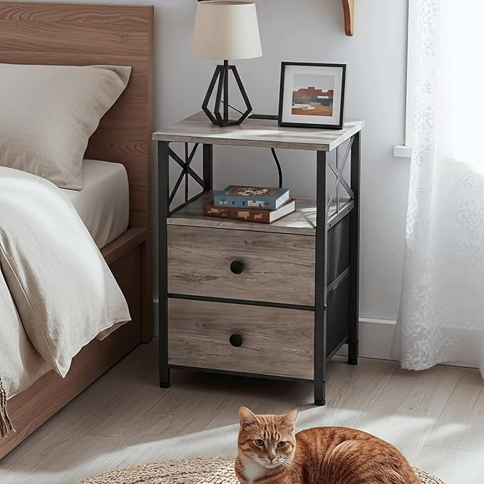AMHANCIBLE Night Stand Set 2, Nightstand with Charging Station, End Tables Living Room with USB Ports and Outlets, Bedside Tables with Fabric Drawers for Bedroom, Greige HET05XGY