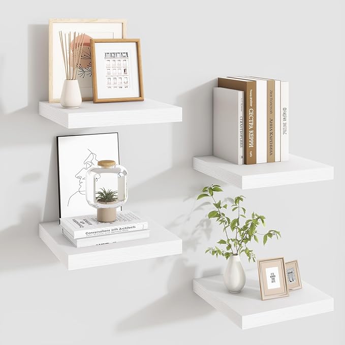 Fun Memories Floating Shelves for Wall - 9.3 Inch Square Shelves with Invisible Brackets, White Small Wall Shelf for Living Room, Bathroom, Bedroom, and Kitchen Decor，Set of 4