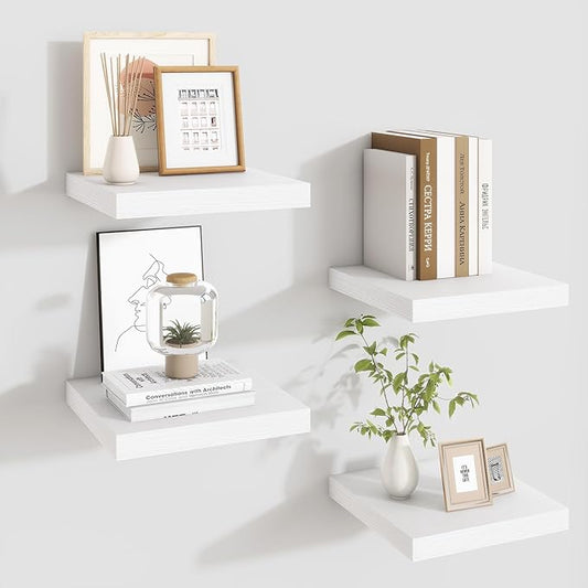 Fun Memories Floating Shelves for Wall - 9.3 Inch Square Shelves with Invisible Brackets, White Small Wall Shelf for Living Room, Bathroom, Bedroom, and Kitchen Decor，Set of 4