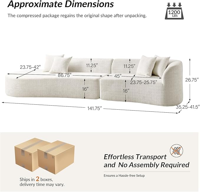 141.75" Oversized Boneless Sectional Sofa with 4 Pillows, Modern Curved Design All-Foam Cushion, No Assembly Required Large Floor Cloud Couch for Living Room, Ivory