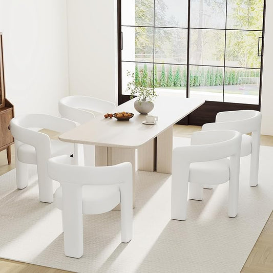 Modern Barrel Dining Chairs Set of 5, PU Leather Upholstered Accent Side Chair with Arms Comfy Makeup Vanity Chairs, Dining Living Room Kitchen Chairs, White