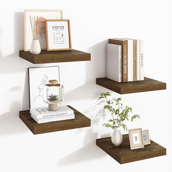 Fun Memories Square Floating Shelves for Wall - 9.3 Inch Deep Floating Shelves with Invisible Brackets, Brown Small Wall Shelf for Living Room, Bathroom, Bedroom, and Kitchen Decor，Set of 4