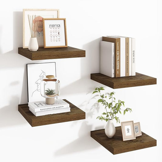 Fun Memories Square Floating Shelves for Wall - 9.3 Inch Deep Floating Shelves with Invisible Brackets, Brown Small Wall Shelf for Living Room, Bathroom, Bedroom, and Kitchen Decor，Set of 4