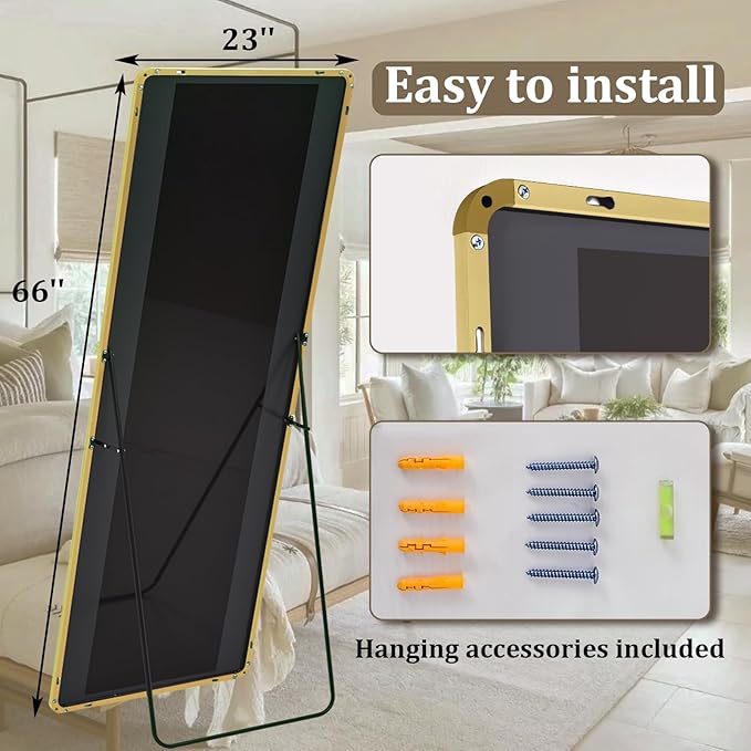 VooBang Round Corner Mirror Full Length, 66" x 23" Floor Mirror with Stand, Matte Aluminum Alloy Frame Full Body Mirror, Standing Hanging or Leaning for Bedroom and Living Room, Gold
