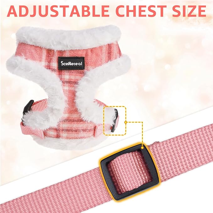 SCENEREAL Dog Harness Collar and Leash Set, Warm Fleece No Pull Puppy Vest Harnesses No Chock Adjustible Step in Small Pet Halter for Outdoor Walking Training, Pink Plaid XS