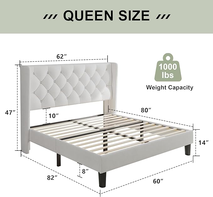 Feonase Queen Size Bed Frame with Diamond Tufted Wingback Headboard, Upholstered Platform Bed, Sturdy Wooden Slats Support, Noise-Free, No Box Spring Needed, Easy Assembly, White