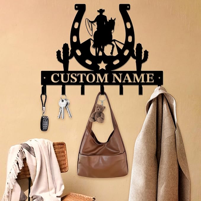 Personalized Custom Name West Cowboy Keys Hooks,Metal Cowboy Art Clothes Keys Hooks,Metal Cowboy Lover Wall Home Storage Decorative Keys Hooks,Key Holder Hooks for Wall (Style A)