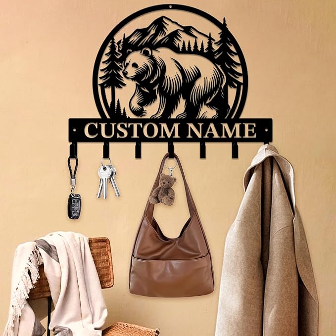 Personalized Custom Name Bear Key Wall Hooks,Metal Bear Keys Clothes Hooks,Metal Bear Wall Home Storage Decorative,For Front Door, Hallway, Kitchen, Bedroom,Keys,Hats (Style P)