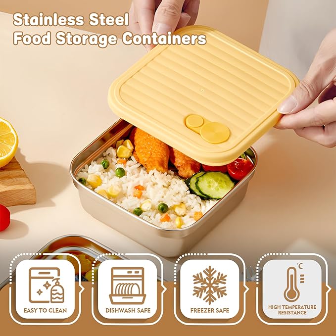 4 Pack Sandwich Containers, 20oz Stainless Steel Sandwich Box with Lids, Reusable Metal Meal Prep Lunch Boxes, BPA-Free, Dishwasher Safe, Food Storage Containers for Snacks & Fruits