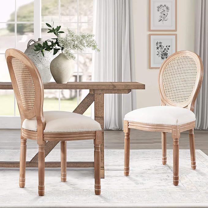 Nrizc Farmhouse Fabric Dining Room Chairs Set of 6, French Chairs with Round Back, Rattan Dining Chair, Oval Side Chair for Dining Room/Kitchen/Restaurant