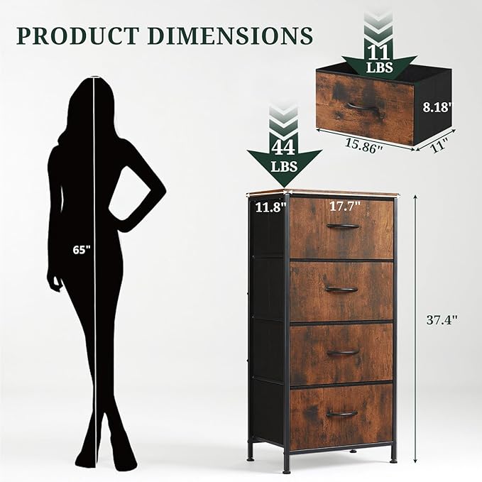 Nightstand, 4 Drawer Dresser End Table Bedside Furniture with Wooden Top Steel Frame Fabric Bins for Bedroom, Closet, Entryway, Dorm, Living Room, Brown