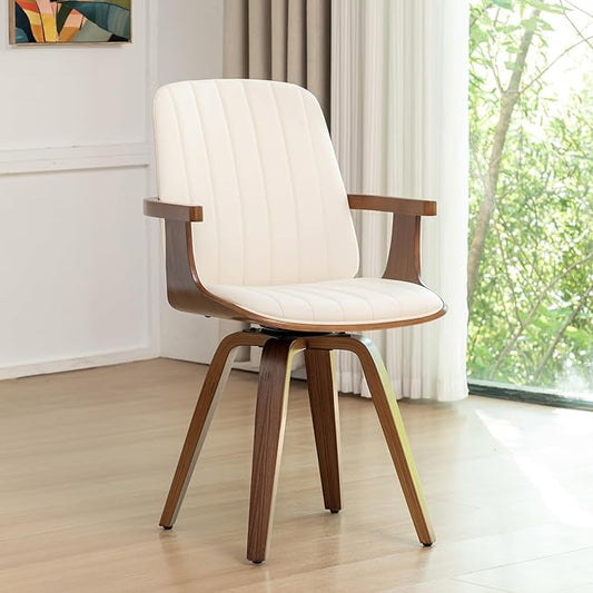 Set of 1 Swivel Dining Chair, Mid Century Modern Dining Chair with Walnut Craftsmanship, Upholstered Faux Leather, Wooden Arms and Legs, Kitchen Chair with Arms for Kitchen/Living Room - Beige