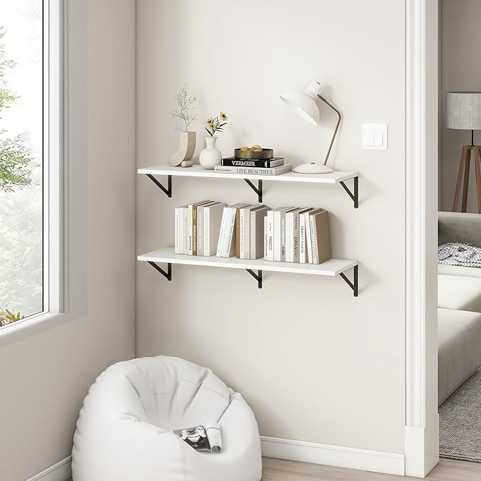 Fun Memories 40 Inch Floating Shelves, 12 Inch Deep Wall Shelf, 40 x 12 Floating Shelf Set of 2, White Wood Floating Shelf Wall Mounted, Large Kitchen Living Room Bedroom Storage Shelves