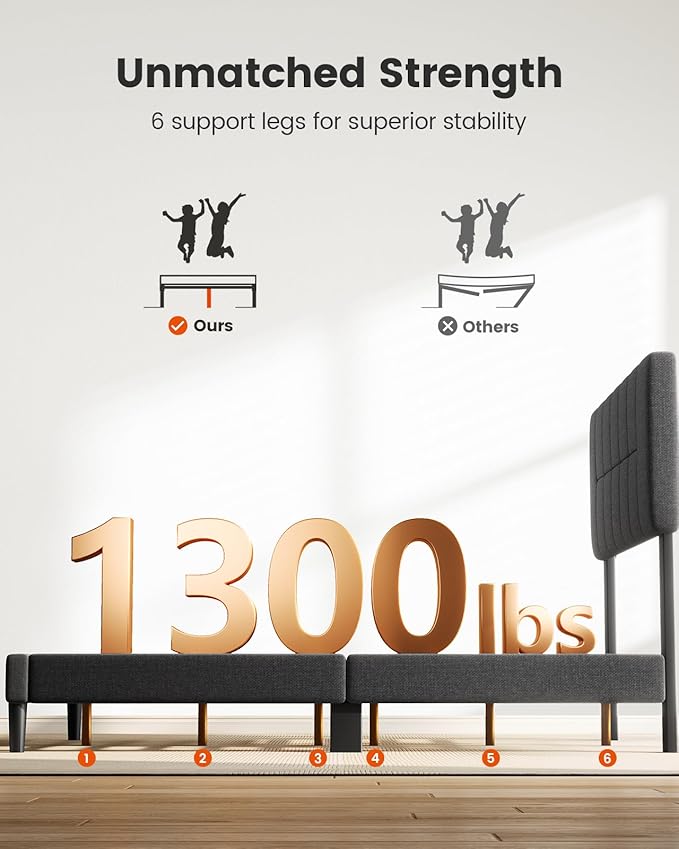 Amada Queen Platform Bed Frame with 12 Thickened Legs & Adjustable Fabric Upholstered Headboard, Solid Wooden Support 1300 Lbs Weight Capacity, No Box Spring Needed/Easy Assembly/Underbed Storage