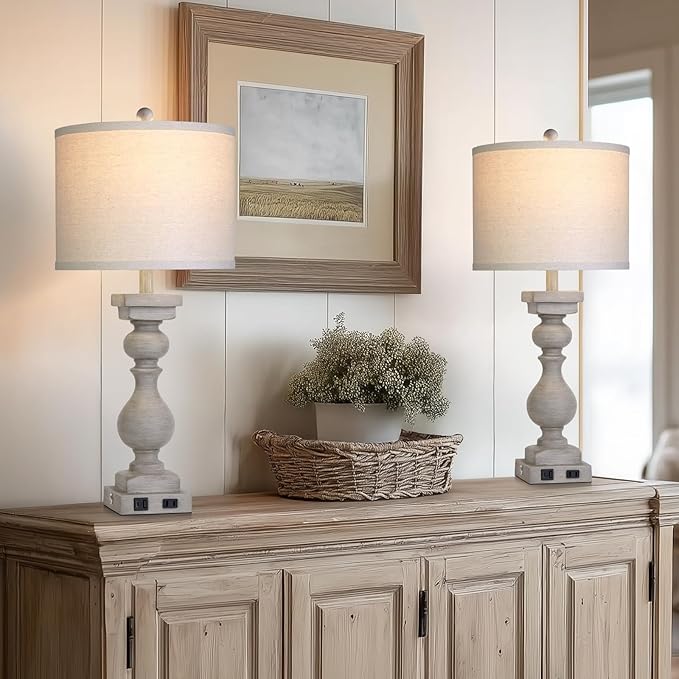 28" Tall Farmhouse Table Lamps Set of 2 with USB C+A Ports and AC Outlet, 3 Way Touch Tall Rustic Bedside Lamps for Living Room, Grey Vintage Lamps for Bedroom