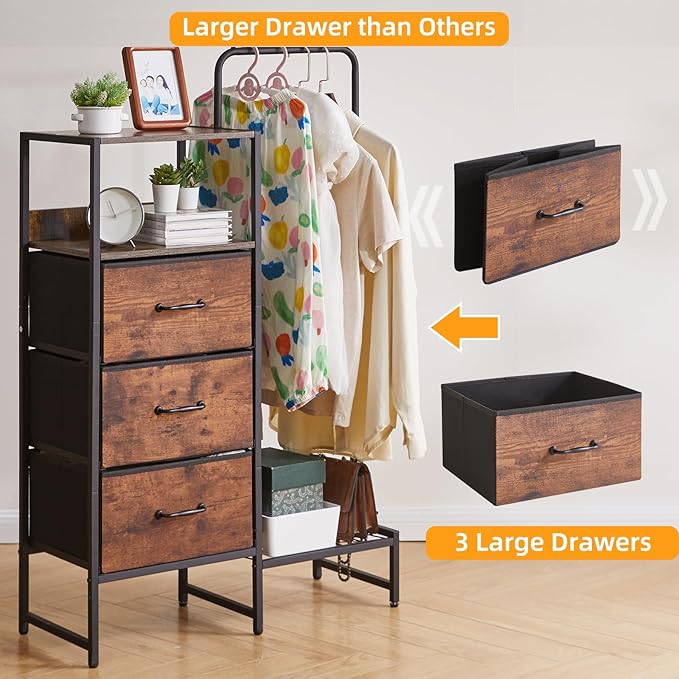 44 '' Tall Garment Rack with 3 Fabric Drawers, 4-Tier Clothing Rack, Coat Hanger with Shoe Shelf & Shelves for Small Spaces, Rustic Brown YD-TM081H