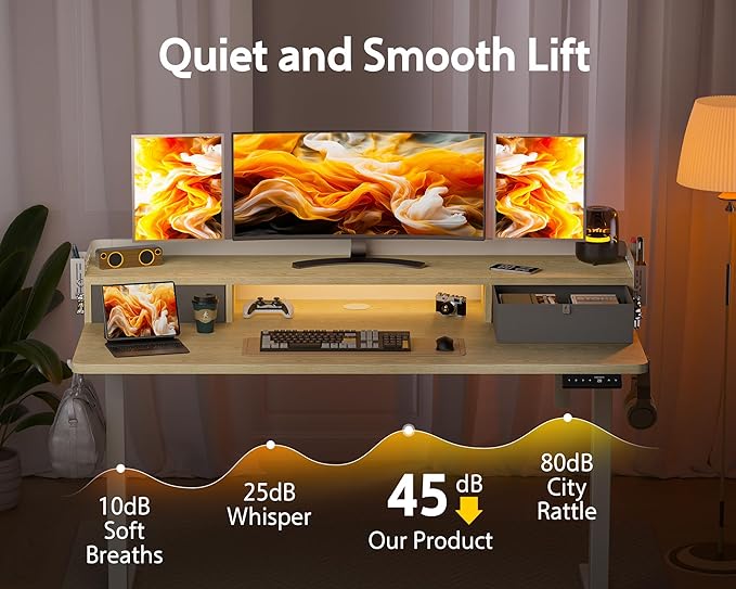 55x24 Inches Electric Standing Desk with 2 Drawers, Height Adjustable Stand up Desk for Home Office, Ergonomic Sit to Stand Table with Storage Shelf, DIY Board, Hooks, Oak