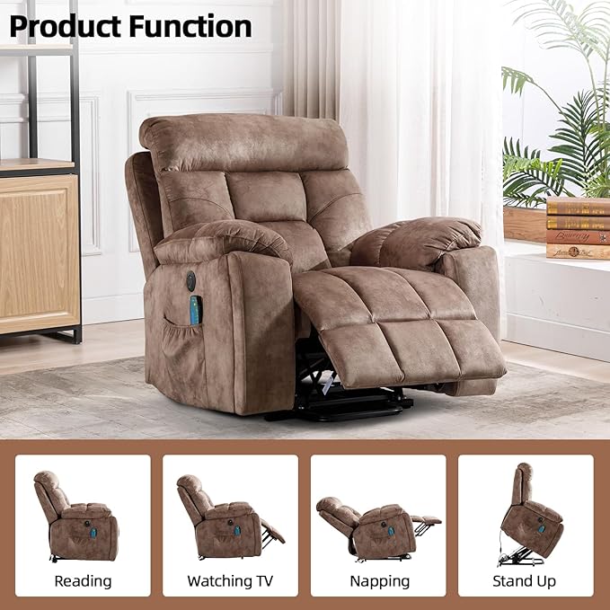 CANMOV Large Power Lift Recliner Chair with Massage and Heat for Elderly Big and Tall People, Overstuffed Wide Recliners with 2 Cup Holders, Side Pocket and USB Port, Camel