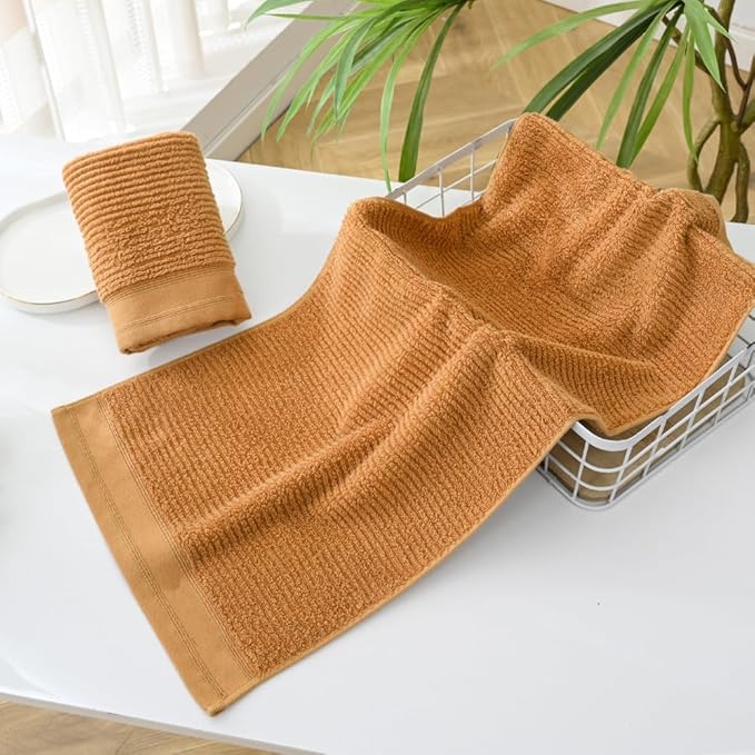 YiLUOMO Super Soft Mustard Orange Hand Towel Set of 2 Ribbed Striped Pattern 100% Cotton Absorbent Decorative Towel for Bathroom 13 x 29 Inch