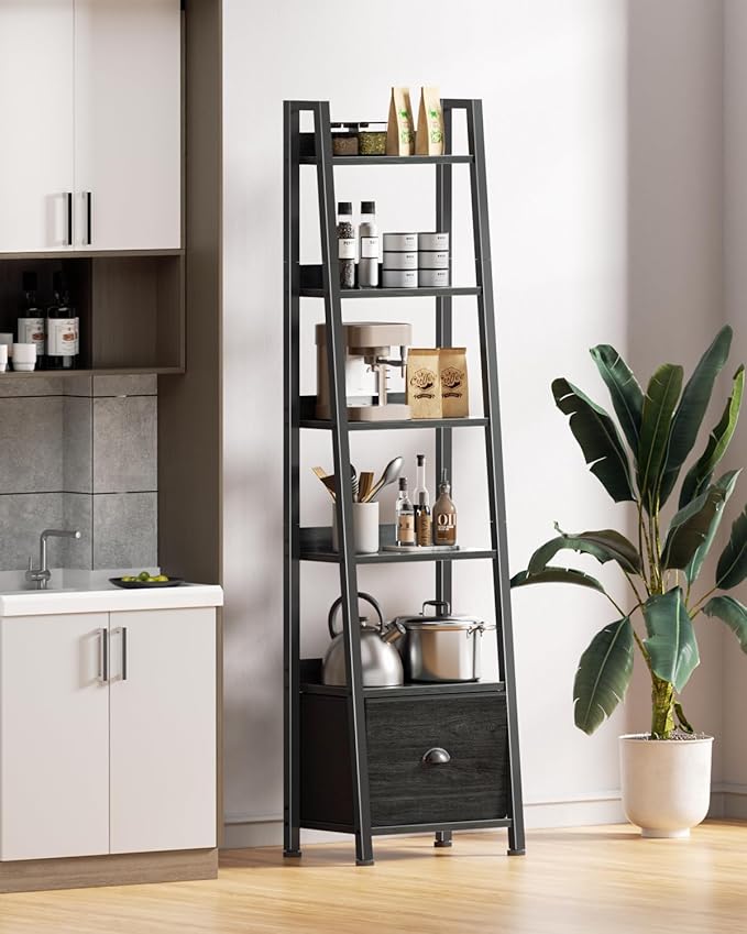 Furologee 6 Tier Ladder Shelf,Ladder Bookshelf with Drawer,Industrial Tall Bookcase,Storage Rack Organizer,Wood Metal Freestanding Shelves for Living Room, Home Office, Bedroom,Black Oak