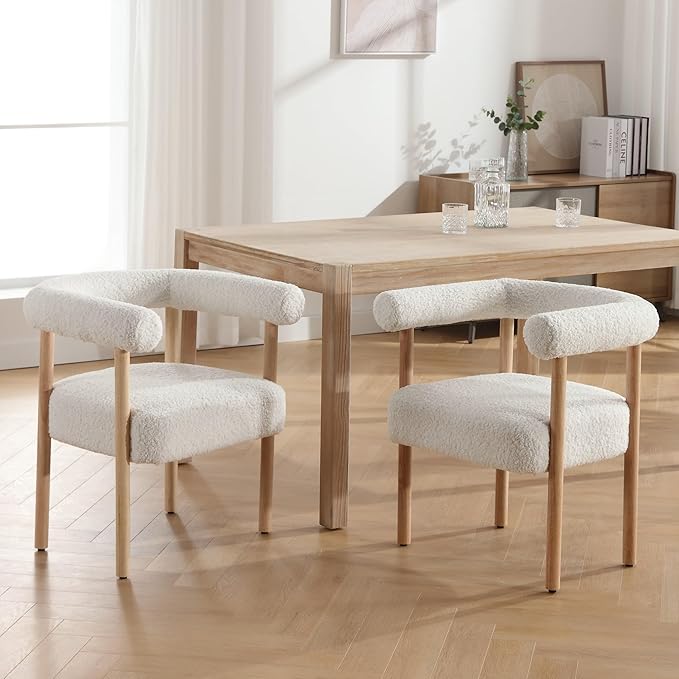 Mid-Century Modern Dining Chairs Set of 2 Armrest Barrel Dining Chairs Side Chairs with Curved Back, Upholstered Wood Armchairs for Kitchen, Sherpa White