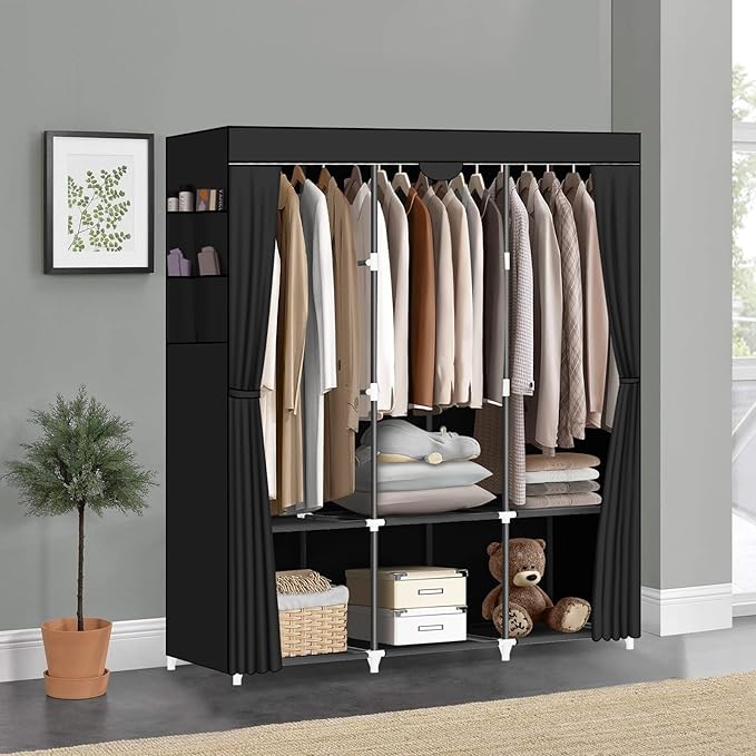 LOKEME Portable Closet, Portable Closets for Hanging Clothes with 3 Hanging Rods and 6 Storage Shelves and 4 Side Pockets, Black Wardrobe Closet Easy to Assemble and Strong and Stable