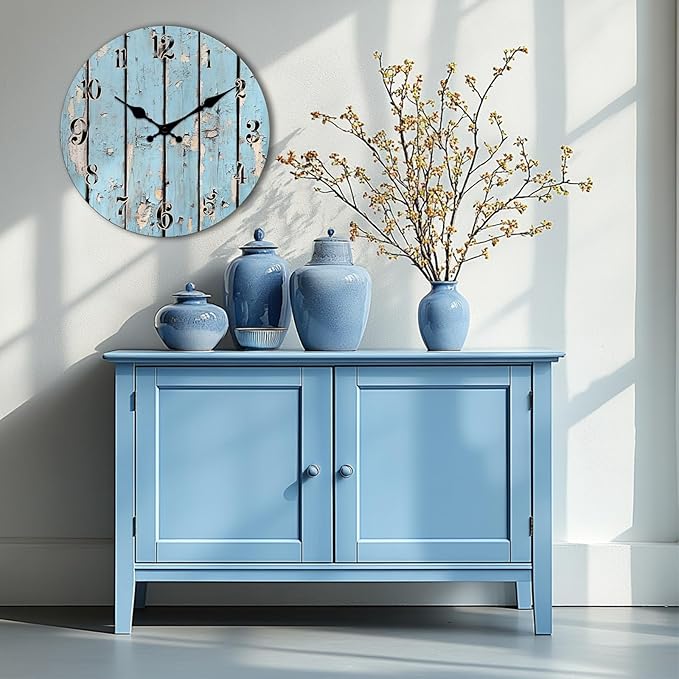 Retro Wall Clock for Living Room - 16 Inch Round Clocks Coast Wooden Wall-Clocks Battery - Operated Silent Wall-Clock for Farmhouse, Home Decor