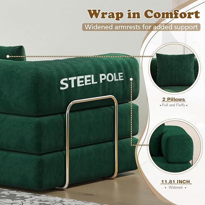 Antetek Convertible Futon Sofa Bed, 3-Seater Modern Corduroy Foam Floor King Size Bed Fold Out Sleeper Lounge Loveseat Sofa Couch with 2 Throw Pillows for Living Room Bedroom Guest Room, Turquoise