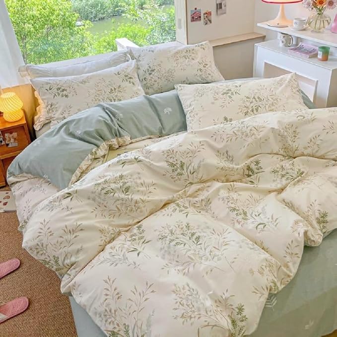 Full Duvet Cover Set 3 Pieces Aesthetic Floral Duvet Cover with 2 Pillowcases 100% Cotton Cottagecore Bedding Set Vintage Botanical Floral Comforter Cover with Zipper Closure, Breathable, Easy Care