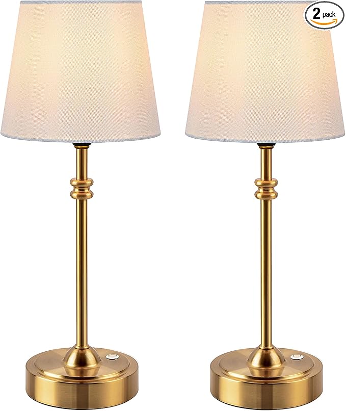 ONEWISH Cordless Table Lamps Set of 2 - Battery Powered Lamp, 4000mAh Rechargeable, Stepless Dimmable, Wireless Lamp with Fabric Shade, 2700K Warm Ambient Light for Dining, Patio, Bathroom(Gold)