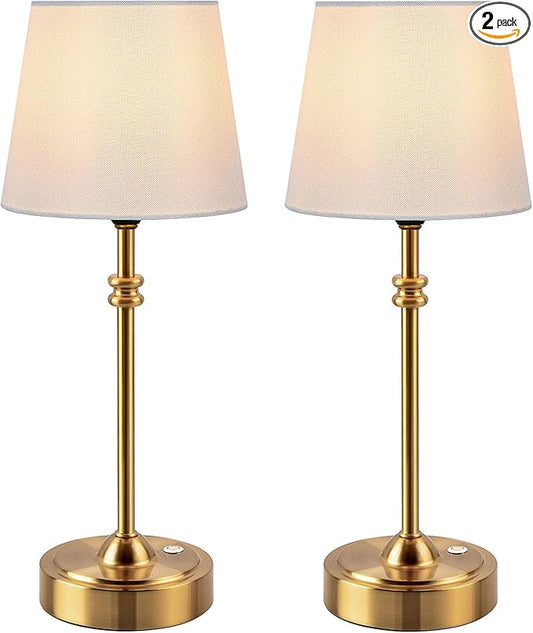 ONEWISH Cordless Table Lamps Set of 2 - Battery Powered Lamp, 4000mAh Rechargeable, Stepless Dimmable, Wireless Lamp with Fabric Shade, 2700K Warm Ambient Light for Dining, Patio, Bathroom(Gold)