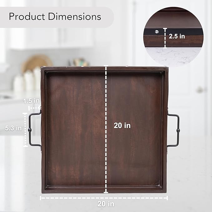 20"x20" Extra Large Square Ottoman Tray, Heavy Duty Mango Wood, for Serving Tea, Breakfast in Bed, Living Room Large Coffee Table Tray Rustic with Farmhouse Style, Decorative Handles and Accent Strap