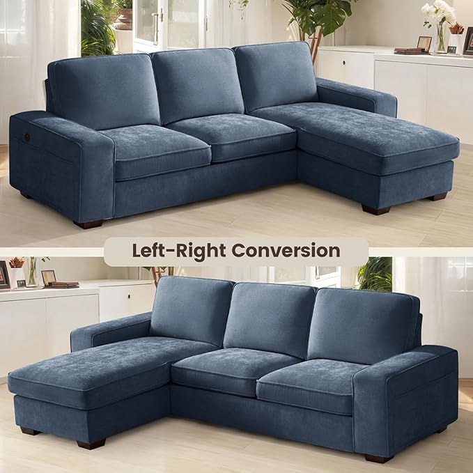 PARKOL 99" L-Shaped Sectional Couch with Storage, Sofa with Reversible Chaise, USB Type-C Charging, Chenille Fabric, Removable Cushion Covers, for Small Space, Apartment, Living Room, Blue