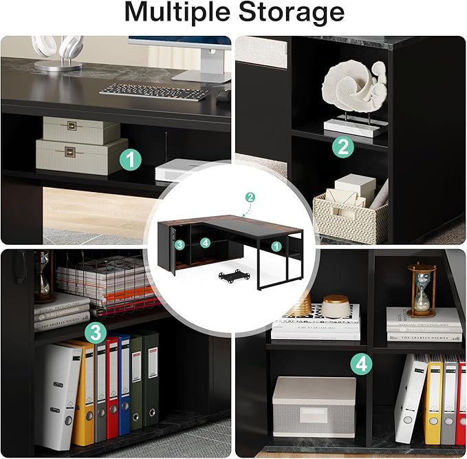 Little Tree 71-inch Executive Desk with File Cabinet, L-Shaped Computer Desk Office Desk with Drawers and Storage Shelves, Business Furniture Desk Workstation for Home Office, Balck